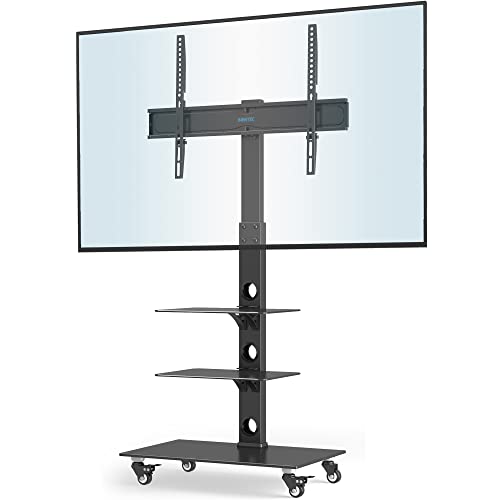 BONTEC Soporte de TV con Ruedas para Pantallas de Plasma/LCD/LED de 30-70 Pulgadas hasta 40 kg, Soporte TV Suelo con 6 Ajustes de Altura Ajustable de Vidrio Templado de 3 Niveles, MAX VESA 600x400 mm