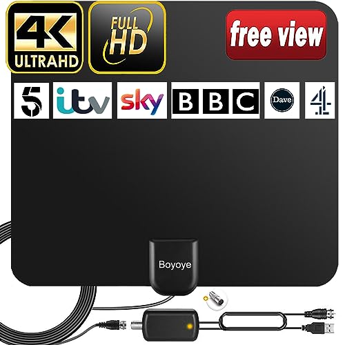 Antena de TV, Boyoye Antena de TV interior para Freeview Digital 4K 1080P HD VHF UHF DVB-T2 DVB-T para Canales Locales Rango de 250+ Millas Compatible Con Todos Los Televisores - Cable Coaxial de 5M