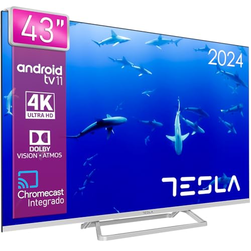 TESLA - Smart TV de 43' (109cm), Televisión Resolución UHD, Android TV 11, Hey Google Official Assistant, WiFi & Bluetooth, 2 Altavoces 10W, Chromecast Integrado, HDR10 3.840x2.160 (43E635SUS) - 2024