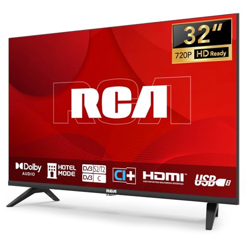 RCA TV 32 Pulgadas LED HD Ready Televisor con Sintonizador Digital (DVB-T/T2-C-S/S2) Dolby Audio HDMI USB Hotel Modo Dormitorio Salón Hotel Negro, Televisión Básica