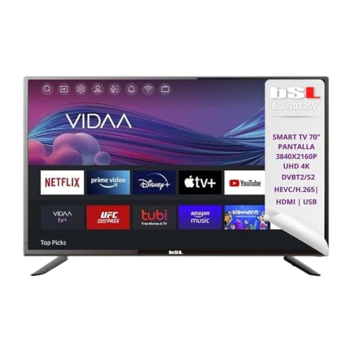 BSL-70T2SV VIDAA Smart TV 70 Pulgadas | WIFI | RJ45 | Resolución UHD 3840X2160p | USB | DVBT2/S2/C | Compatible con Youtube, Netflix, Disney +, Dazn, Prime | HDMI