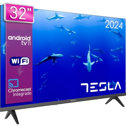 TESLA - Smart TV de 32' (81cm), Televisión Android TV 11, Hey Google Official Assistant, WiFi & Bluetooth, 2 Altavoces de 10W, Chromecast Integrado, 1.366x768 (32E635BHS) - 2024