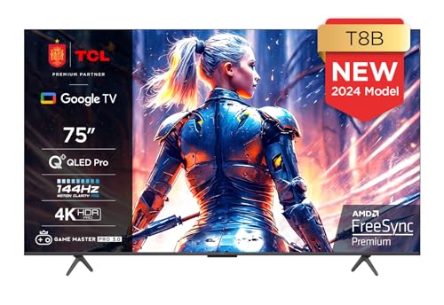 TCL 75T8B Gaming TV Onkyo QLED Pro de 75' y 144 Hz, 4K Ultra HD, HDR Pro, Smart TV Powered by Google TV (Dolby Vision IQ y Atmos, Motion Clarity, Control de Voz Manos Libres)