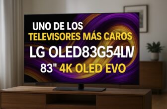 LG OLED83G54LW 83 pulgadas 4K OLED EVO en salón elegante, con texto promocional en blanco y amarillo que destaca que es uno de los televisores más caros