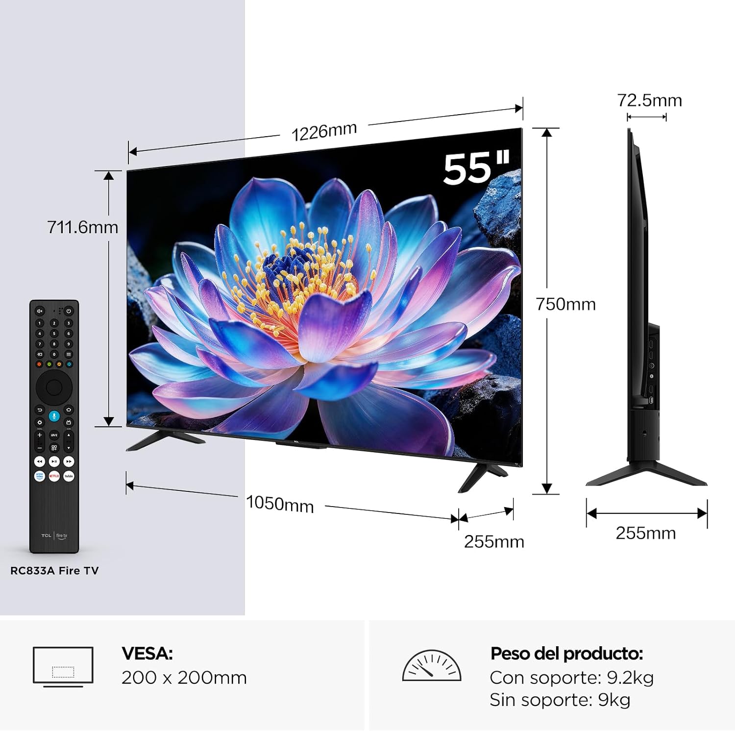 Medidas, VESA 200x200 y peso del TCL 55V6D