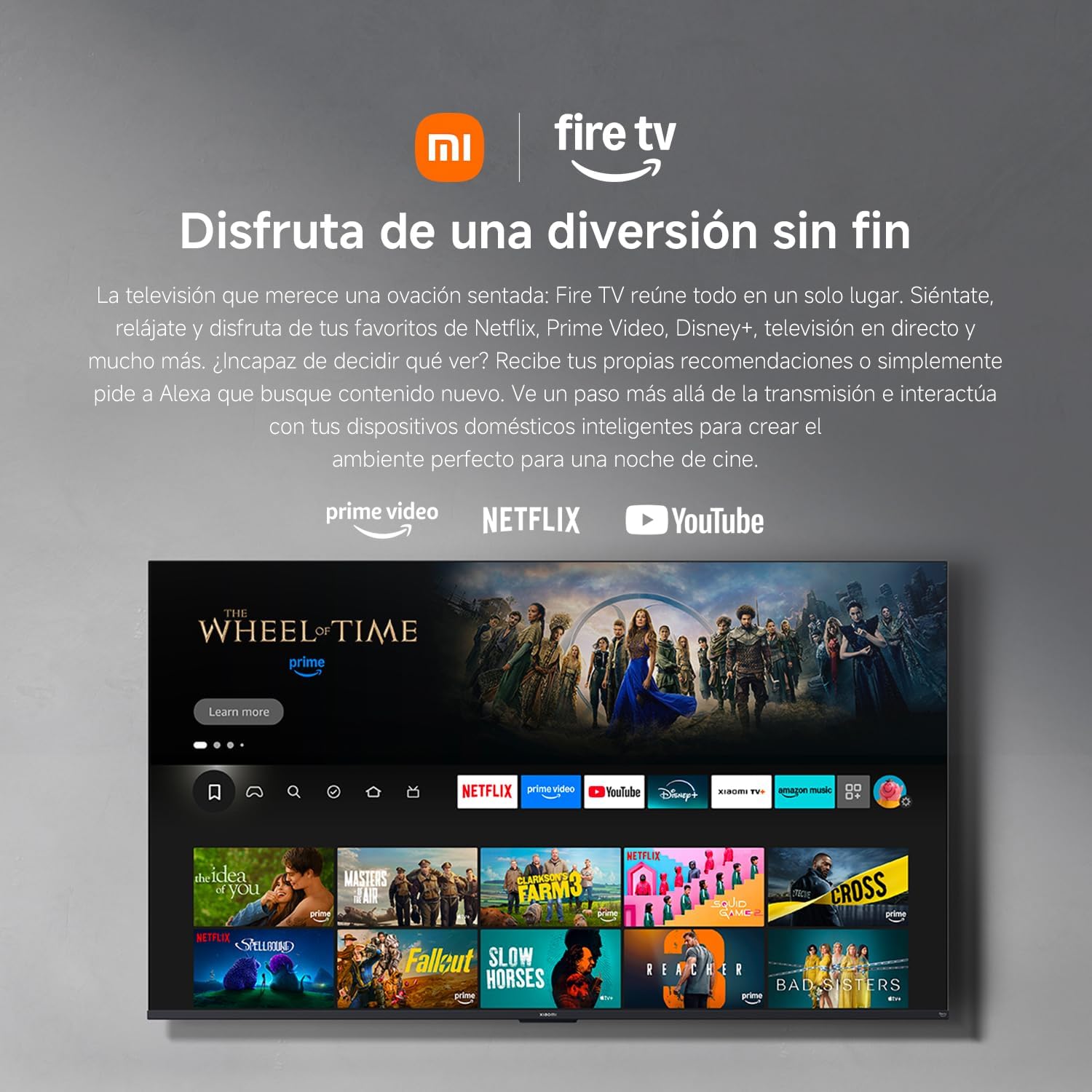 Interfaz Fire TV del Xiaomi TV F 65 con Netflix, Prime Video y YouTube