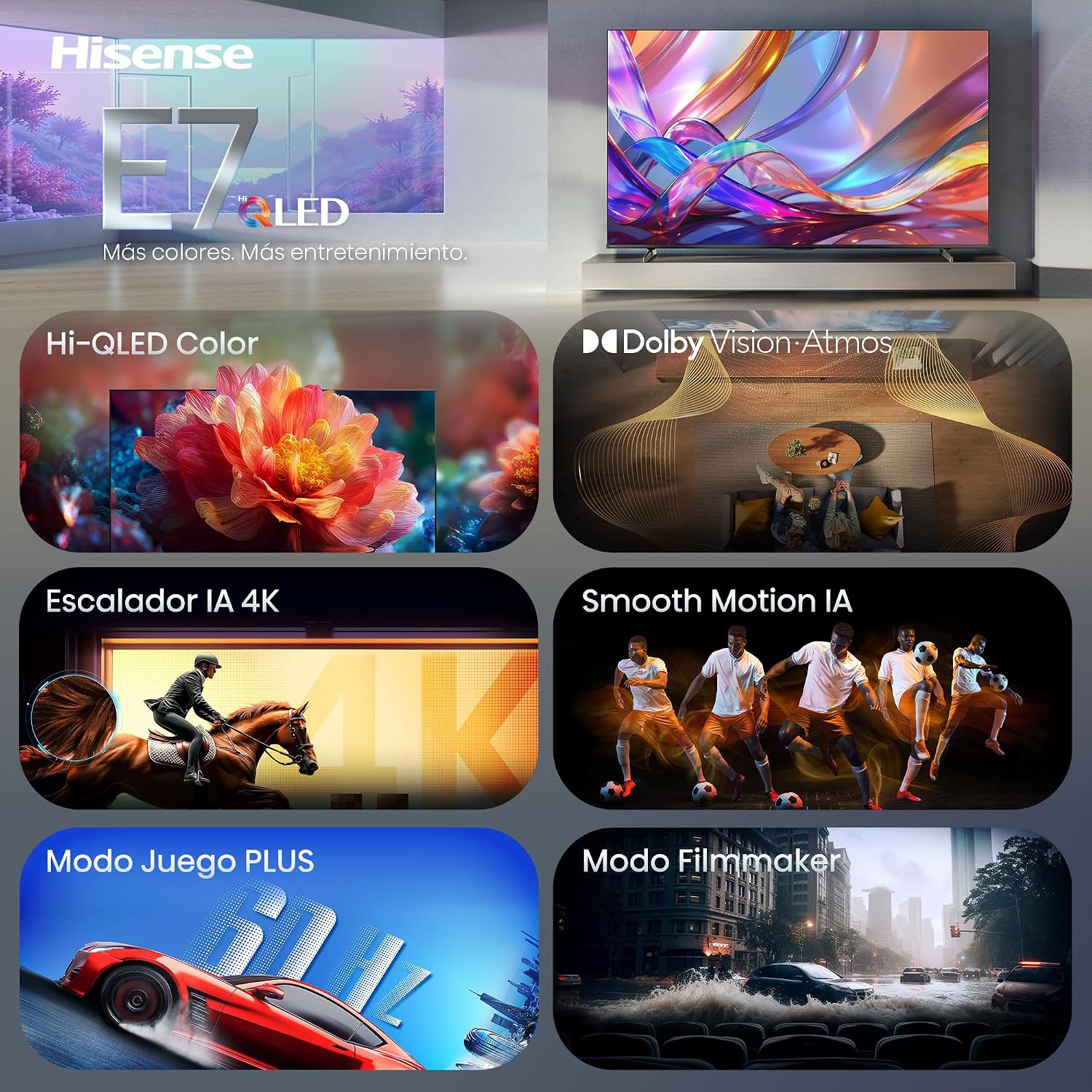 Funciones de la Hisense E7S: Hi-QLED, Dolby Vision Atmos, escalador IA 4K