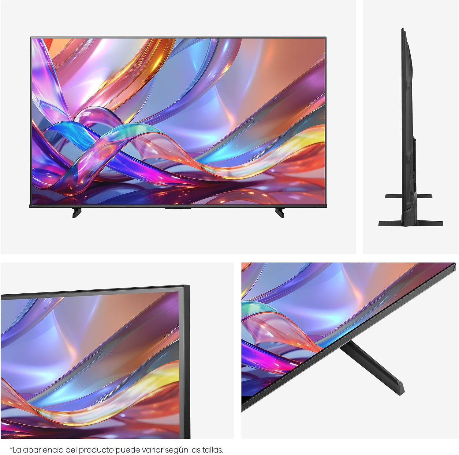 Hisense 43E7S de frente y de perfil con sus patas laterales