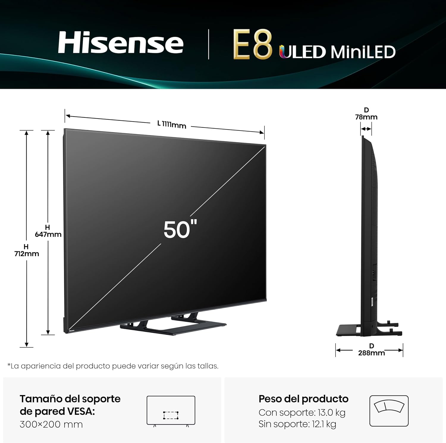 Esquema de medidas del Hisense 50E8Q