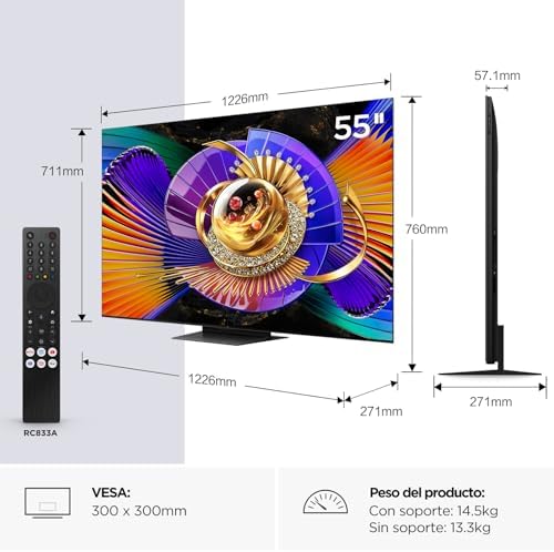 Medidas de la TCL 55C7L: 1226 x 711 mm, 760 mm con peana, VESA 300x300