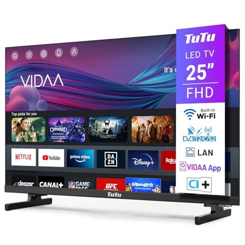 TuTu Smart TV 25 Pulgadas FHD WiFi, Televisor LED con Pantalla sin Marcos, WLAN, App Store Integrada, Sintonizador Digital, Compatible con Prime Video, Netflix, YouTube, DAZN, Disney+, Pluto TV y Más (TUV25FQ1B, 2024) [Clase de eficiencia energética E] – Mejor TV Barata 2024 con ¡¡Ofertas Televisores!!